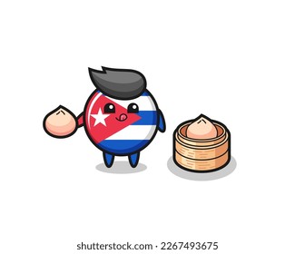 cute cuba flag badge character eating steamed buns , cute style design for t shirt, sticker, logo element