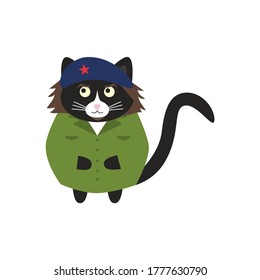 Cute cuban black cat in a military green shirt and a blue beret with a red star. Doodle flat illustration vector