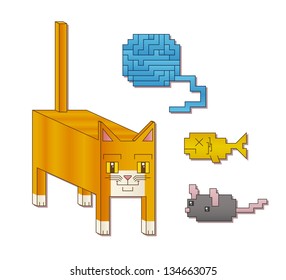 A cute cubic cat character next to a square ball of yarn, fish and mouse. Eps 8 Vector.