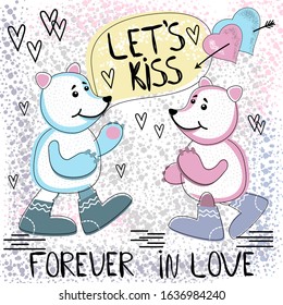 Cute cubs are smiling and walking towards each other. The flying cats. Funny happy animals. The inscription kiss. vector illustration.
