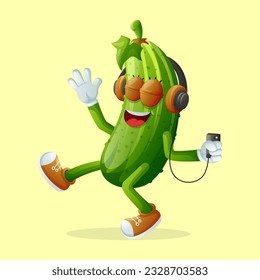 Cute cucumber character listening to music. Perfect for kids, merchandise and sticker, banner promotion or blog
