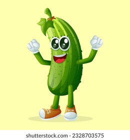 Cute cucumber character making a victory sign with his hand. Perfect for kids, merchandise and sticker, banner promotion or blog

