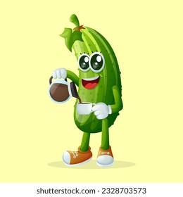 Cute cucumber character pouring coffee. Perfect for kids, merchandise and sticker, banner promotion or blog
