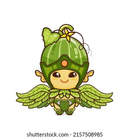 cute cucumber character. vegetable and fruit mascot with leaf wings. illustration in kawaii style. suitable for animation, children's content and all ages. for making cute patterns, bg, gift wrap