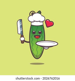 cute cucumber chef. cute vector design character. Vector isolated flat illustration for poster, brochure, web, mascot, sticker, logo and icon. 