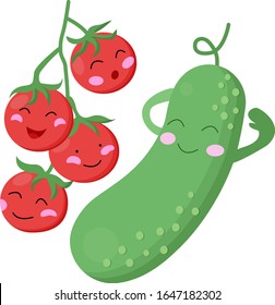 Cute cucumber and cherry tomatoes. Happy vegetables in cartoon style.
Isolated on a white background.