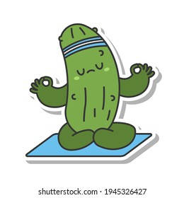 Cute cucumber doing yoga exercise vector cartoon sticker isolated on a white background.