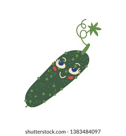 Cute Cucumber with Funny Face, Adorable Fresh Vegetable Cartoon Character Vector Illustration