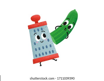 Cute cucumber and happy grater vector illustration from the kitchen. Best friends forever. Grate a green cucumber in kawaii style. Creating a salad with a smiley grater friend.