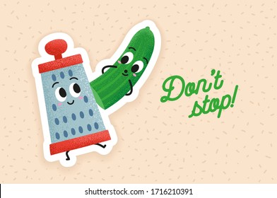 Cute cucumber and happy grater vector illustration from the kitchen. Best friends forever. Grate a green cucumber in kawaii style sticker. Creating a salad with a smiley grater friend.