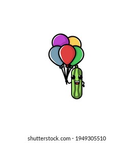 Cute Cucumber Hold Balloon  Cartoon Character Vector Illustration Design. Outline, Cute, Funny Style. Recomended For Children Book, Cover Book, And Other.