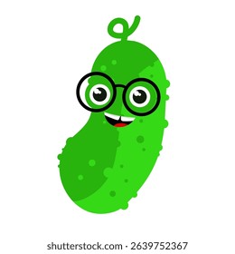 Cute cucumber in kawaii style with glasses - vector illustration