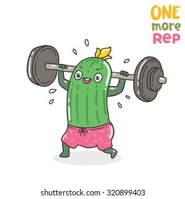 Cute cucumber lifting barbell. Healthy food illustration.