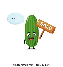 Cute cucumber mascot with the sales sign