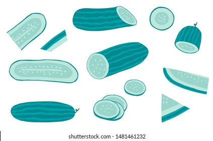 Cute cucumber object collection.Whole, cut in half, sliced on pieces cucumber. Vector illustration for icon,logo,sticker,printable