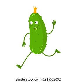 Cute cucumber is running. Friendly cartoon vegetable, cartoon character.  Healthy food, active life style, fitness, vegetarian. Vegan icon, vector illustration isolated on white