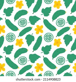 Cute cucumber seamless pattern. Whole vegetables, slices, leaves and flowers. Flat vector hand drawn illustration in cartoon style