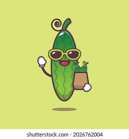 cute cucumber with shopping bag. cute vector design character. Vector isolated flat illustration for poster, brochure, web, mascot, sticker, logo and icon.
