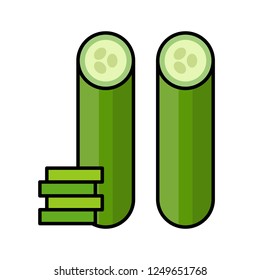 cute cucumber and slice, vegetable flat editable outline icon.