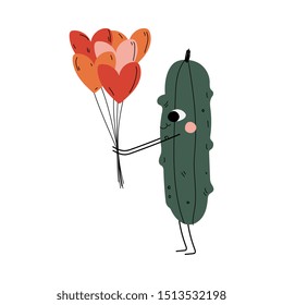 Cute Cucumber Standing amd Holding Balloons in Shape of Hearts, Cheerful Vegetable Character with Funny Face Vector Illustration