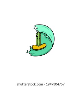 Cute Cucumber Surfing Cartoon Character Vector Illustration Design. Outline, Cute, Funny Style. Recomended For Children Book, Cover Book, And Other.