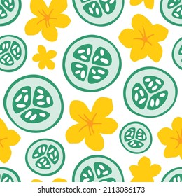 Cute cucumber or zucchini slices seamless pattern. Vegetables and flowers. Flat vector hand drawn illustration in cartoon style