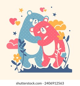 Cute cuddle a couple  bears. Naive charming and bright Scandinavian style. 14 February, Valentine's Day concept. Simple funny hand drawn doodle print.