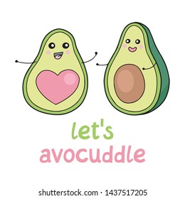 Cute cuddling avocado vector illustration. Avocuddle kawaii character.