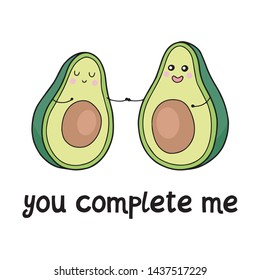 Cute cuddling avocado vector illustration. Avocuddle kawaii character.