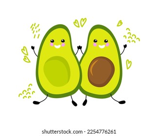 Ilustración vectorial de aguacate con abrazo. Carácter aguacate kawaii.