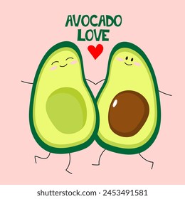 Cute cuddling avocado vector illustration. Avocado kawaii character. Vector illustration.