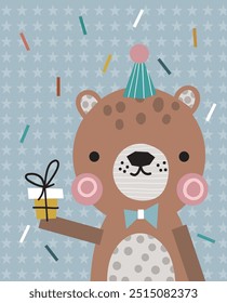 Cute cuddly brown bear with a gift box happy birthday greeting vector postcard congratulations anniversary welcome baby.