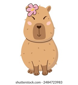 A cute and cuddly capybara character with flower. Happy Birthday concept. Funny hand-drawn festive sticker. Vector illustration isolated on transparent background.