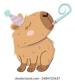A cute and cuddly capybara character with flower. Happy Birthday concept. Funny hand-drawn festive sticker. Vector illustration isolated on transparent background.