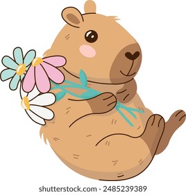 A cute and cuddly capybara character with flowers. Happy Birthday concept. Funny hand-drawn festive sticker. Vector illustration isolated on transparent background.