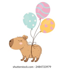 Un lindo y cariñoso personaje de capibara con tres globos. Feliz cumpleaños concepto. Divertido dibujo a mano etiqueta de la fiesta. Ilustración vectorial sobre fondo transparente.