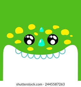 Cute and cuddly green cartoon lizard opening his mouth wide and showing his teeth, yellowish spotted face. Vector illustration for kids and babies.