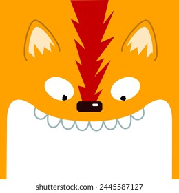 Cute and cuddly yellow cartoon fox opening his mouth wide and showing his teeth. Vector illustration for kids and babies.