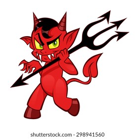 Cute cunning devil walking with a black hell pitchfork.