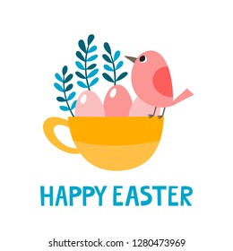 Cute cup with bird, eggs and leaves for easter isolated on white. Vector illustration in gray, blue and yellow colors used for kids magazine, book, stickers, greeting cards.