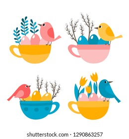 Cute cup with bird, eggs and leaves for easter isolated on white. Vector set in gray, blue and yellow colors used for kids magazine, book, stickers, greeting cards.