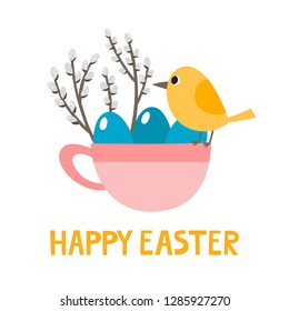 Cute cup with bird, eggs and willows for easter isolated on white. Vector illustration in gray, blue and yellow colors used for kids magazine, book, stickers, greeting cards.