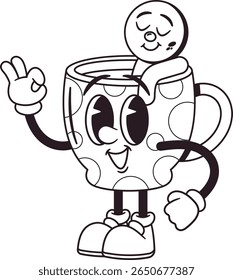 Taza linda Ilustración vectorial de personaje en blanco y negro