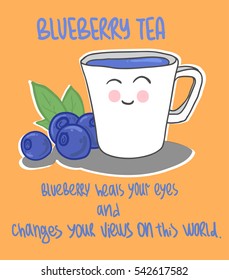 Cute cup of blueberry tea vector illustration, with text "Blueberry heals your eyes and changes your views on this world." on pastel orange background.