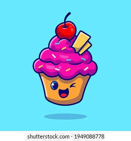 Cute Cup Cake Cartoon Vector Icon Illustration. Food Mascot Icon Concept Isolated Premium Vector. Flat Cartoon Style