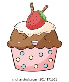 A cute cup cake with cream and strawberry on top
