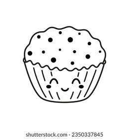 cute cup cake dessert icon character, black and white flat vector illustration of outline muffin, symbol of party, celebration, bakery or sweet food