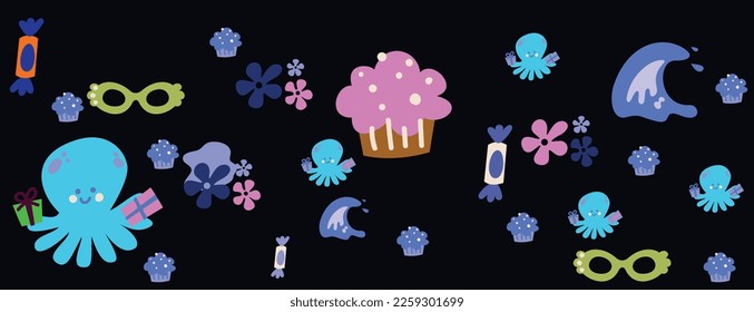 cute cup cake glasses and candy  pattern design in black color. eps