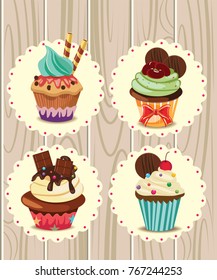 cute cup cake , illustration vector design on wood backgrond