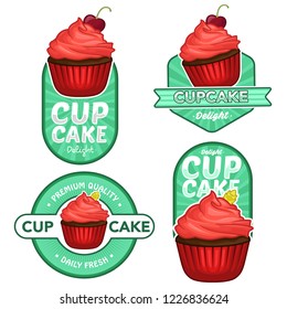 Cute Cup Cake Logo, Emblem, Badge, Patch Object Illustration Stock Vector Set